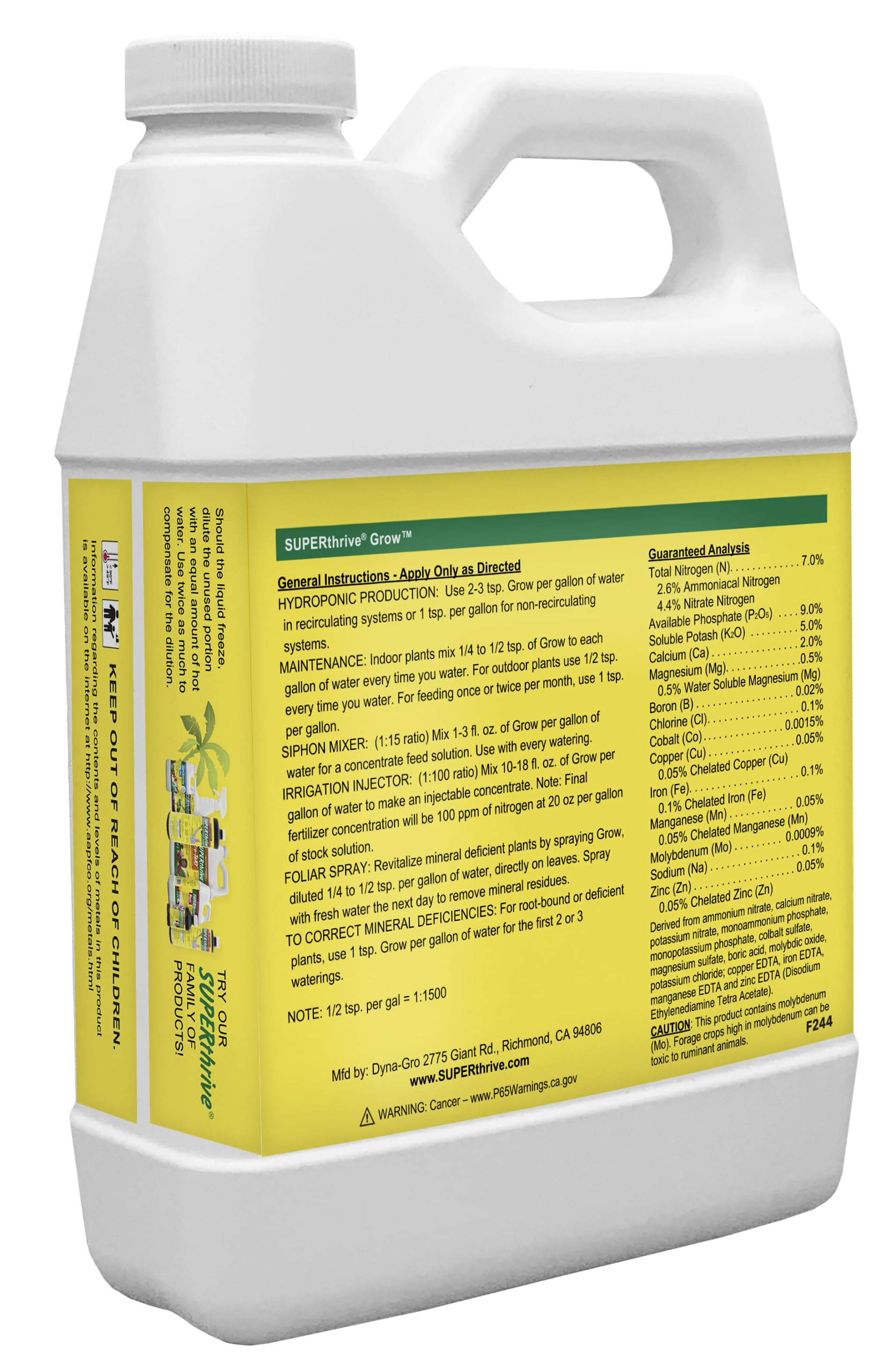 Dynagro Grow label close-up highlights the balanced 7-9-5 formula for all plants.