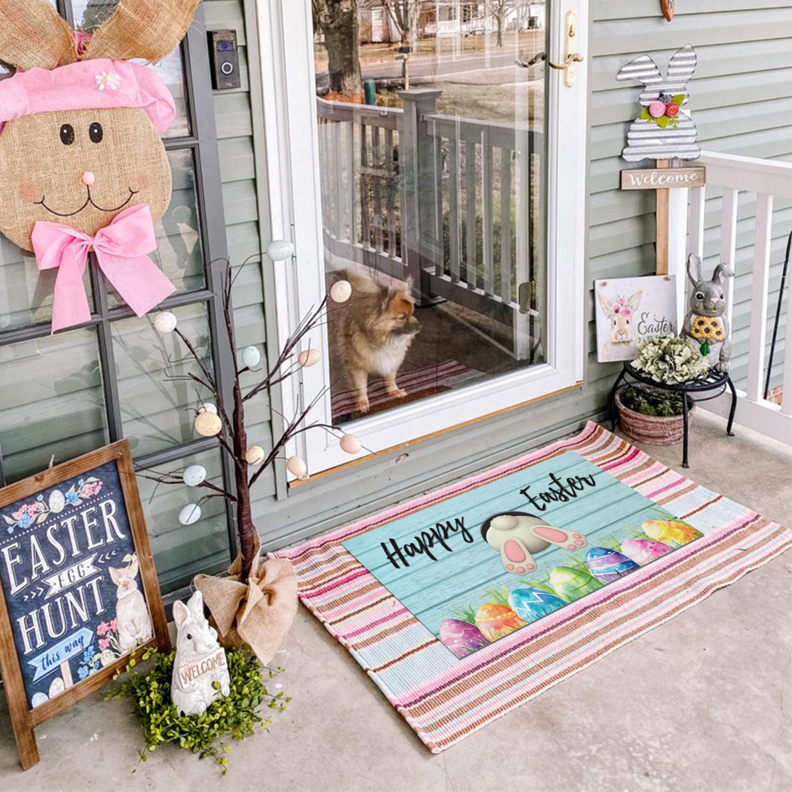 Dynamara bunny-egg vintage design doormat adds seasonal charm.