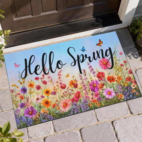Dynamara Hello Spring doormat with flowers and butterflies for welcoming entrances.