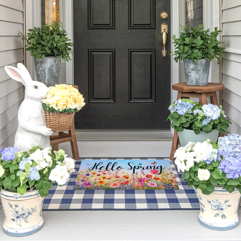 Dynamara Hello Spring doormat with hemmed edges for durability.