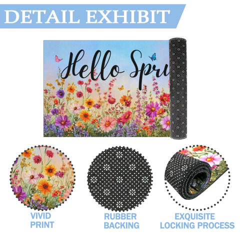 Dynamara Hello Spring doormat designed for indoor-outdoor entry use.