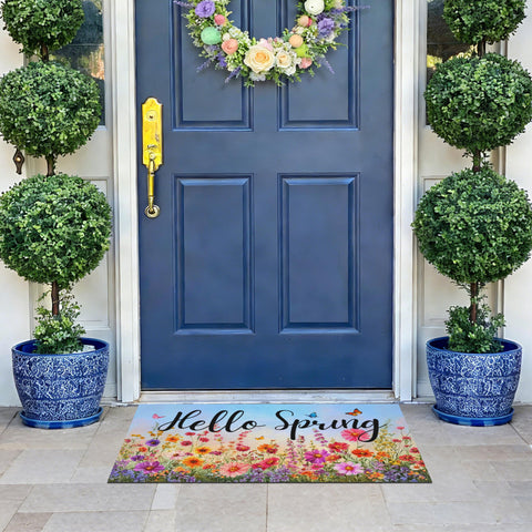 Dynamara Hello Spring doormat sized 29x17 inches for standard doorways.
