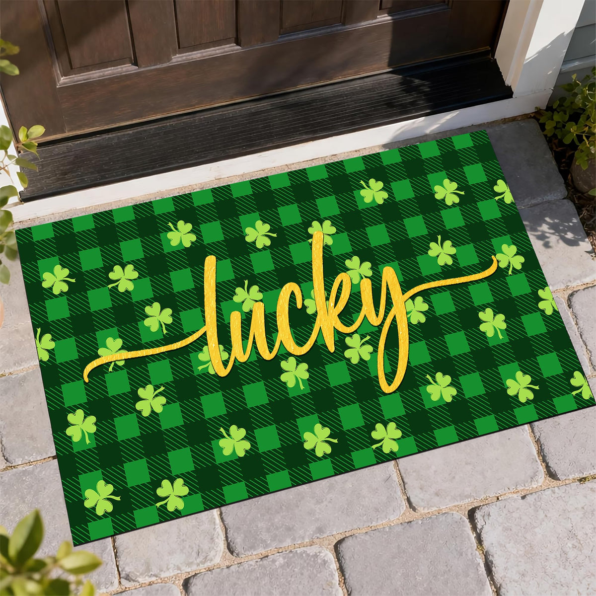 Dynamara St Patrick's Day doormat with green buffalo check for indoor or outdoor welcome.