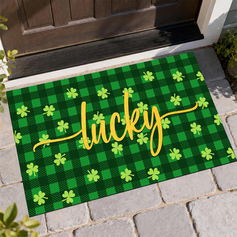 Dynamara St Patrick's Day doormat with green buffalo check for indoor or outdoor welcome.