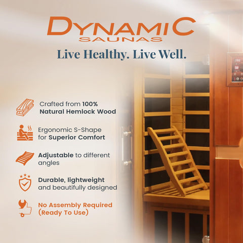 Dynamic Saunas Canadian hemlock backrest with natural finish for durable support.