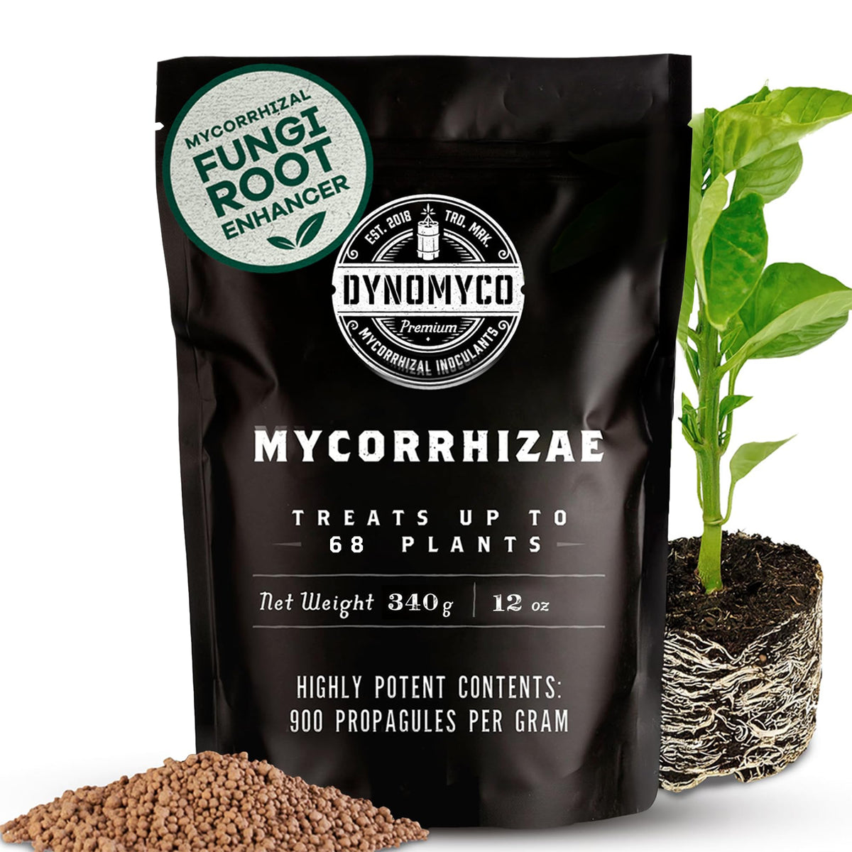 DYNOMYCO granular inoculant pouch front shows robust root growth.