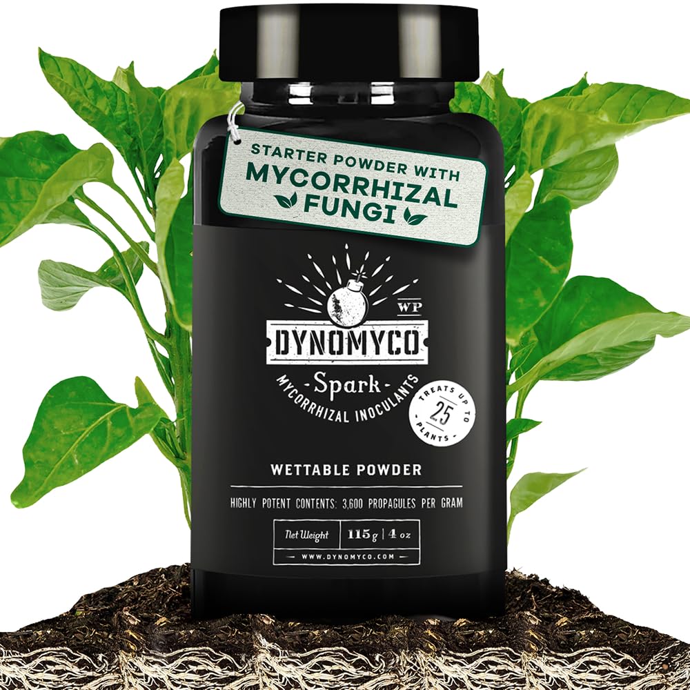 Dynomyco Spark mycorrhizal fungi powder in a pouch boosts root-ready growth and nutrient uptake.