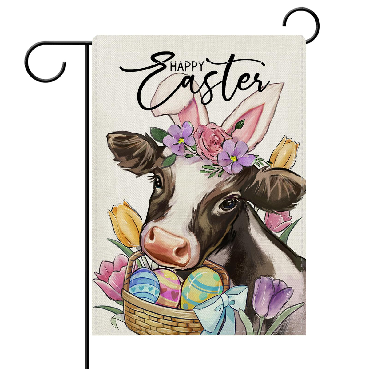 Dyrenson Happy Easter Cow flag front view for outdoor use.