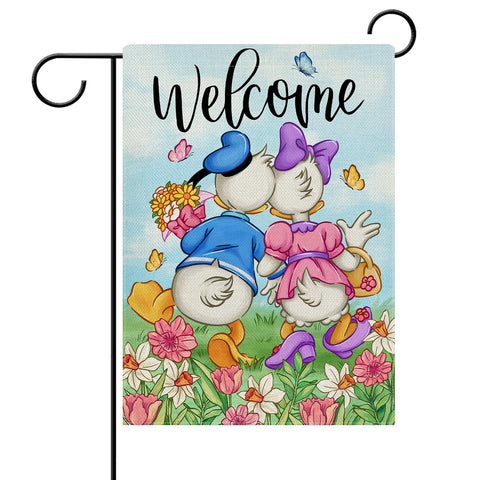 Dyrenson Welcome Spring cartoon duck flag adds cheerful charm to your garden.