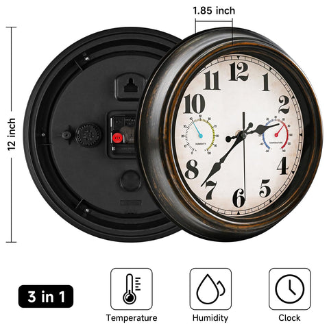 Dyreps outdoor clock displays hygrometer readings for humidity at a glance