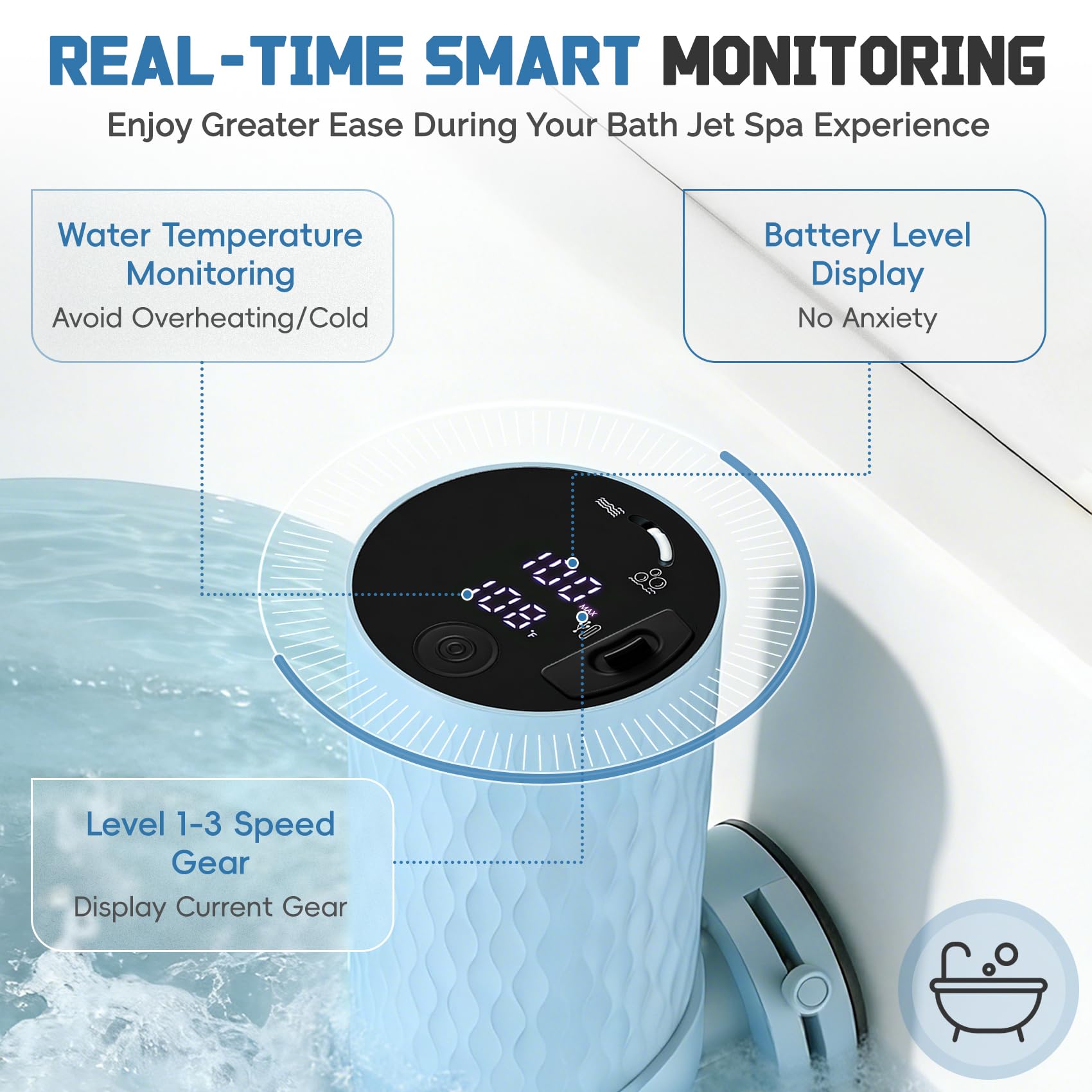 Dyseer battery level and water temperature display aids mindful soak sessions