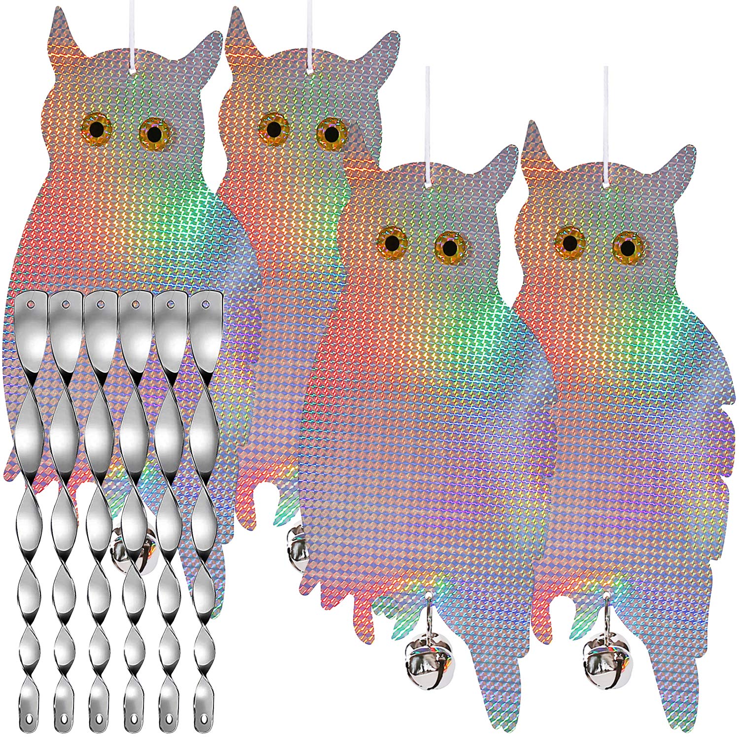 Dyvicl fake owl hanging 4-pack deters woodpeckers around outdoor structures.