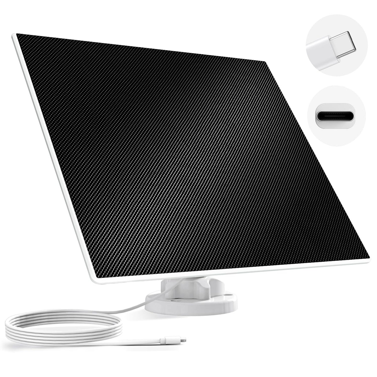 Dzees 5W USB-C solar panel front view powering compatible outdoor cameras outdoors.