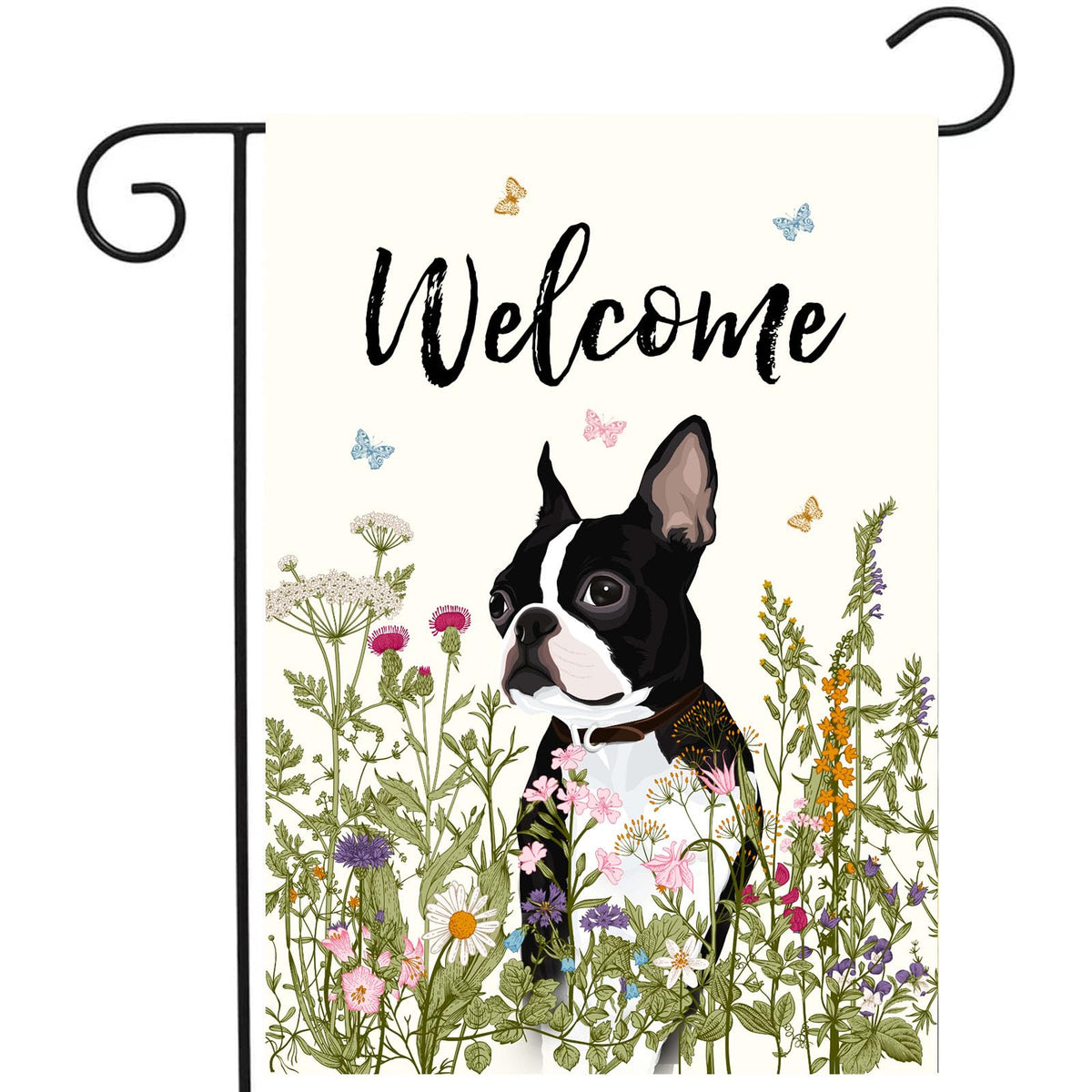 DZGlobal Boston Terrier flag with floral front view for outdoor welcome decor.