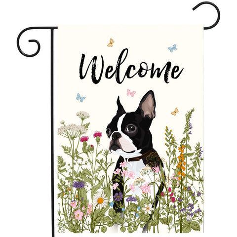 DZGlobal Boston Terrier flag with floral front view for outdoor welcome decor.