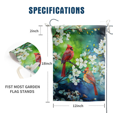 DZGlobal cardinal flag close-up among dogwood blossoms enhances garden welcome