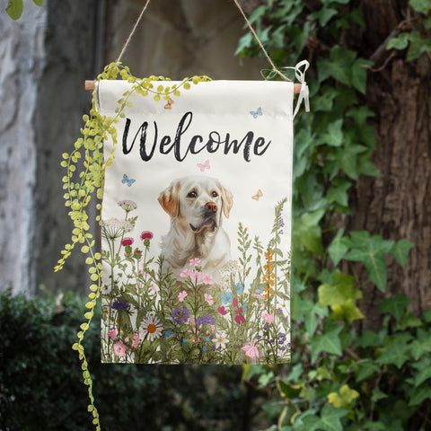 DZGlobal Floral White Lab flag veranda decor adds cheerful curb appeal.