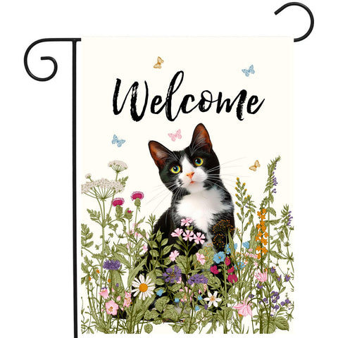 DZGlobal Spring Cat Garden Flag with floral tuxedo cat, 12x18, for outdoor curb appeal.