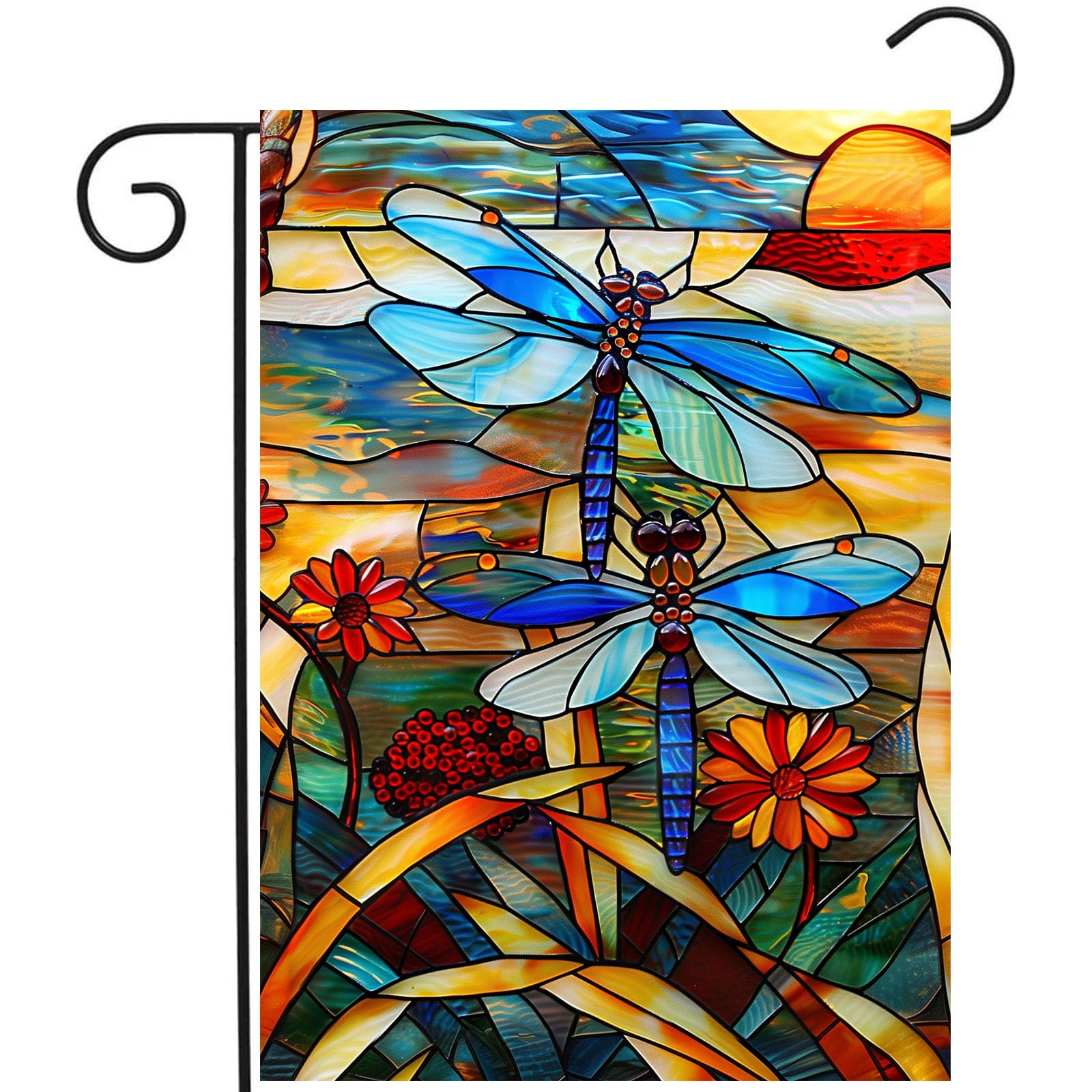 DZGlobal stained glass dragonfly flag front view with vivid colors on the porch