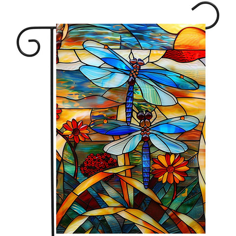 DZGlobal stained glass dragonfly flag front view with vivid colors on the porch