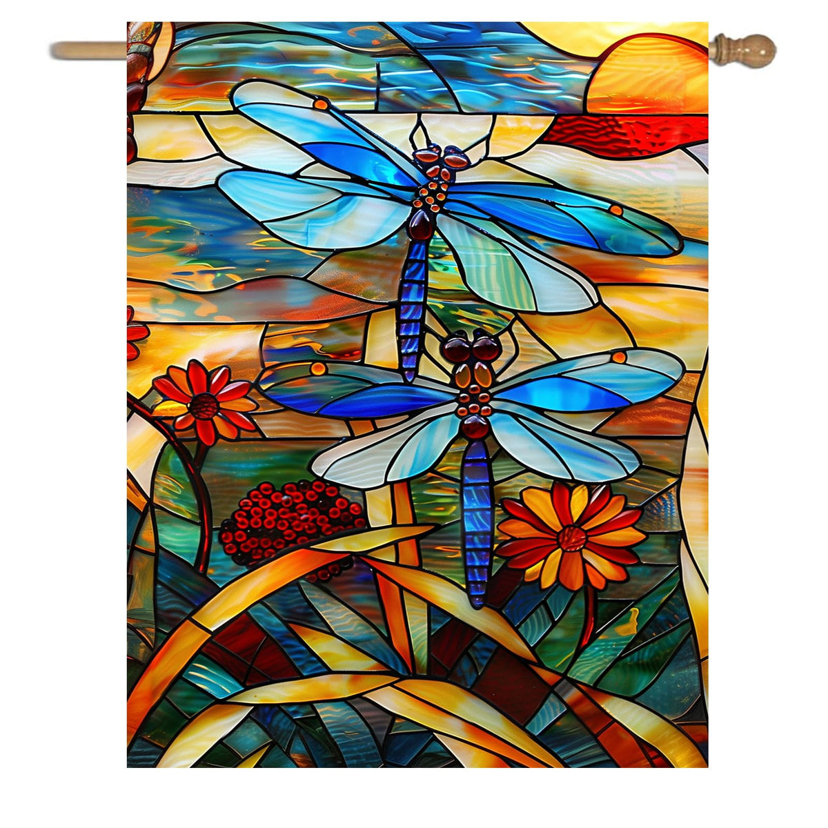DZGlobal stained glass dragonfly flag front view with double-sided colors for porch decor