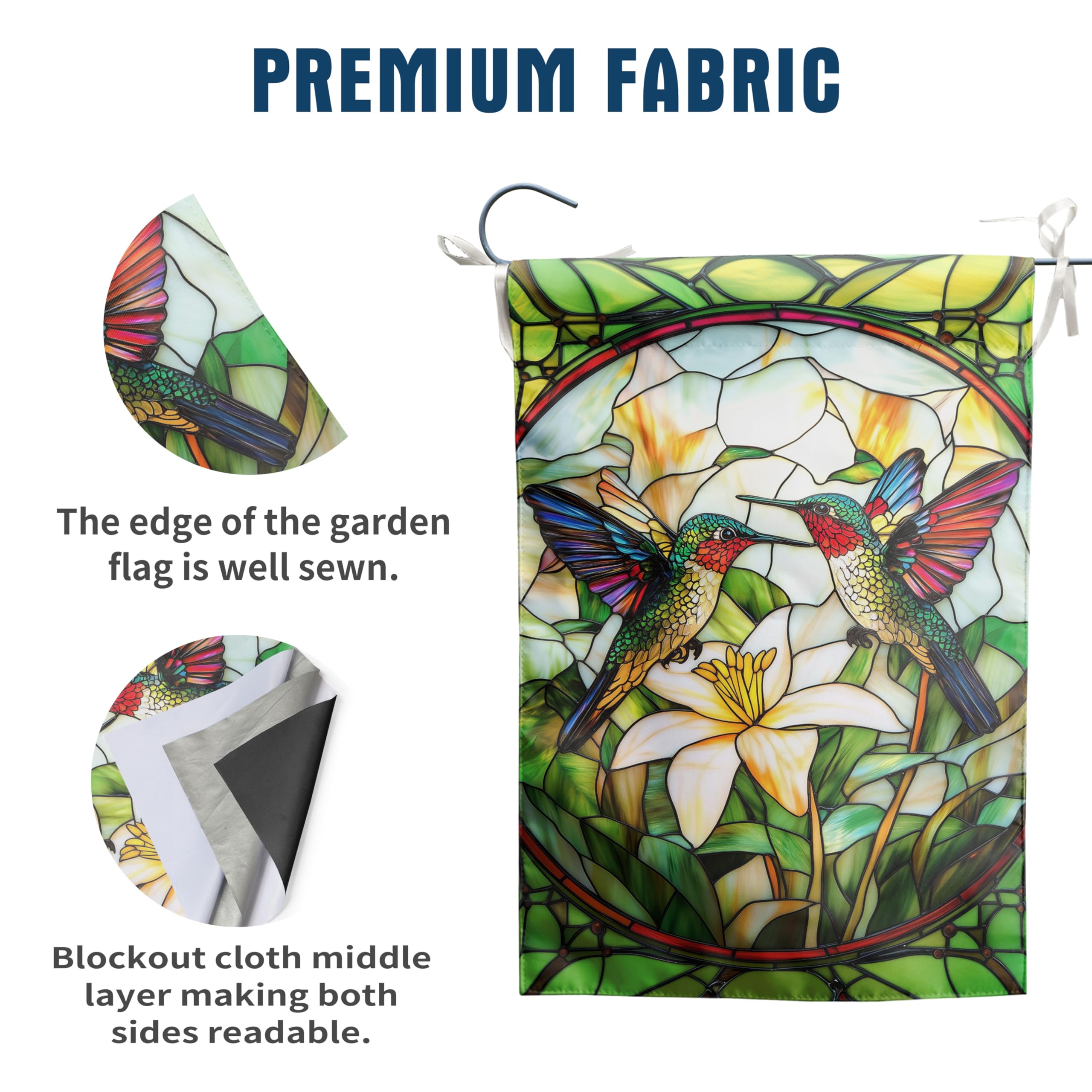 DZGlobal stained glass hummingbird flag close-up reveals vivid colors and stitching detail.