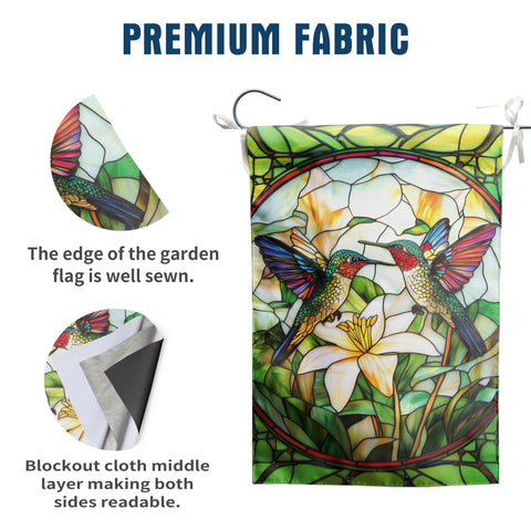DZGlobal stained glass hummingbird flag close-up reveals vivid colors and stitching detail.