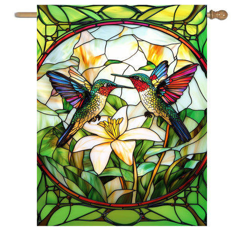 DZGlobal stained glass hummingbird flag front view enhances curb appeal with vibrant colors.