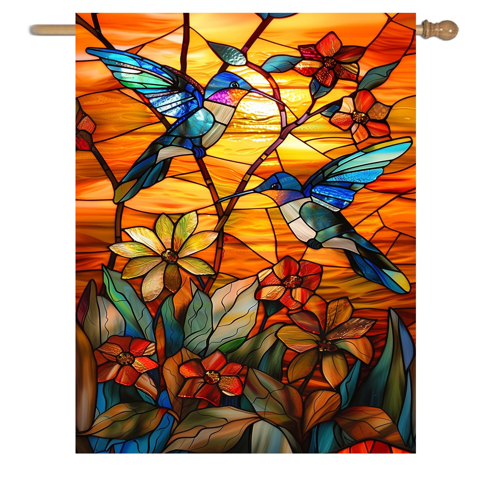 DZGlobal stained glass hummingbird flag front view enhances curb appeal for seasonal decor