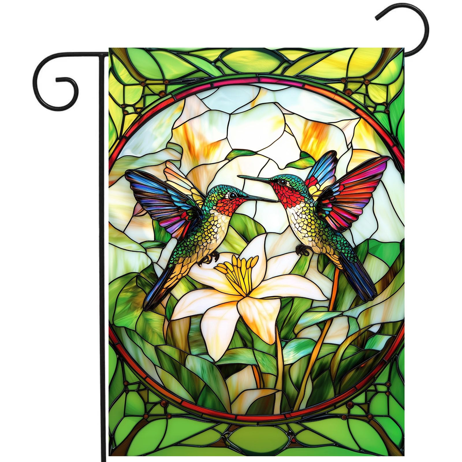 DZGlobal stained glass hummingbird flag front view with vibrant double-sided colors for outdoor charm