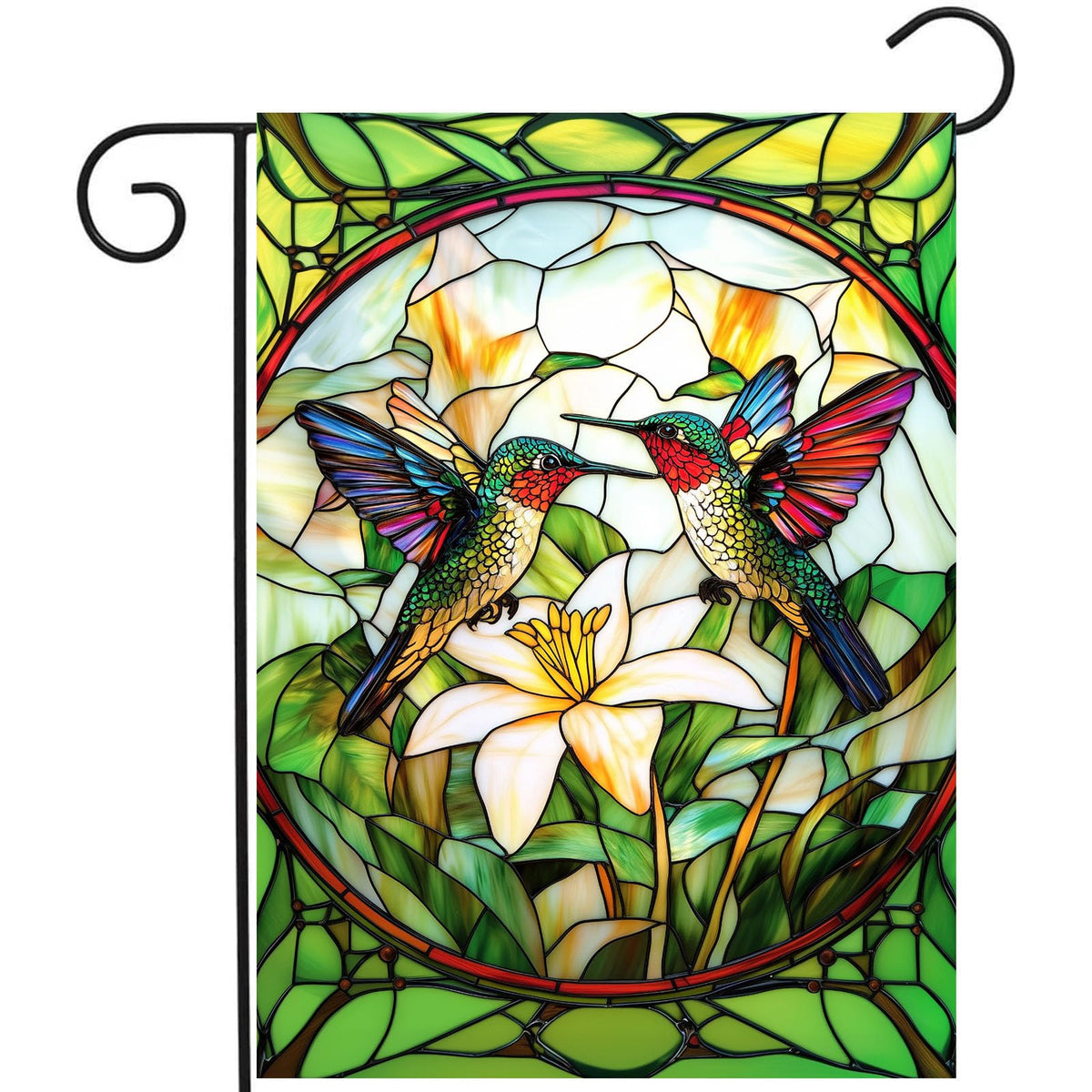 DZGlobal stained glass hummingbird flag front view with vibrant double-sided colors for outdoor charm