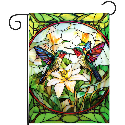 DZGlobal stained glass hummingbird flag front view with vibrant double-sided colors for outdoor charm