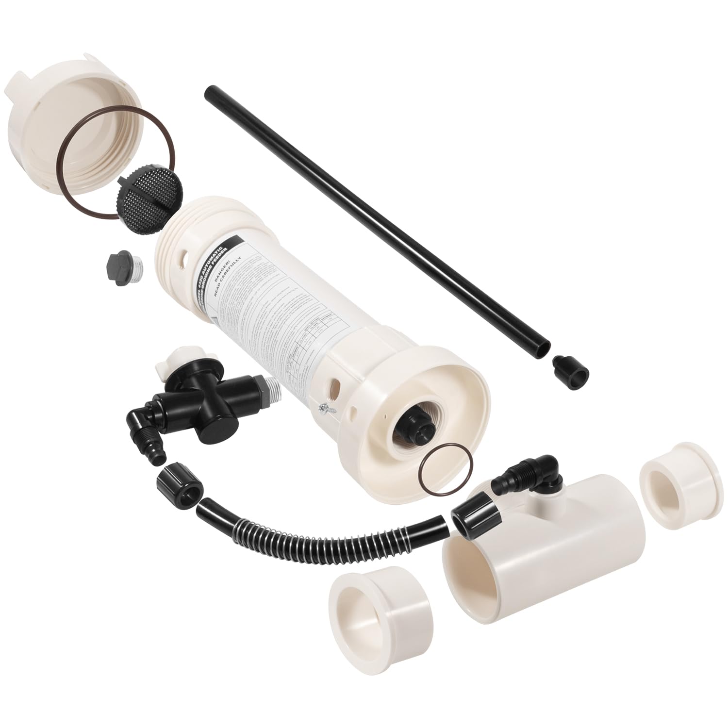 Flow-control valve close-up emphasizing adjustable output for different pool sizes.