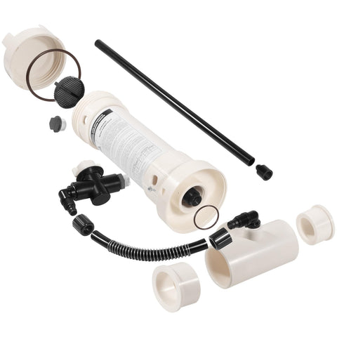 Flow-control valve close-up emphasizing adjustable output for different pool sizes.