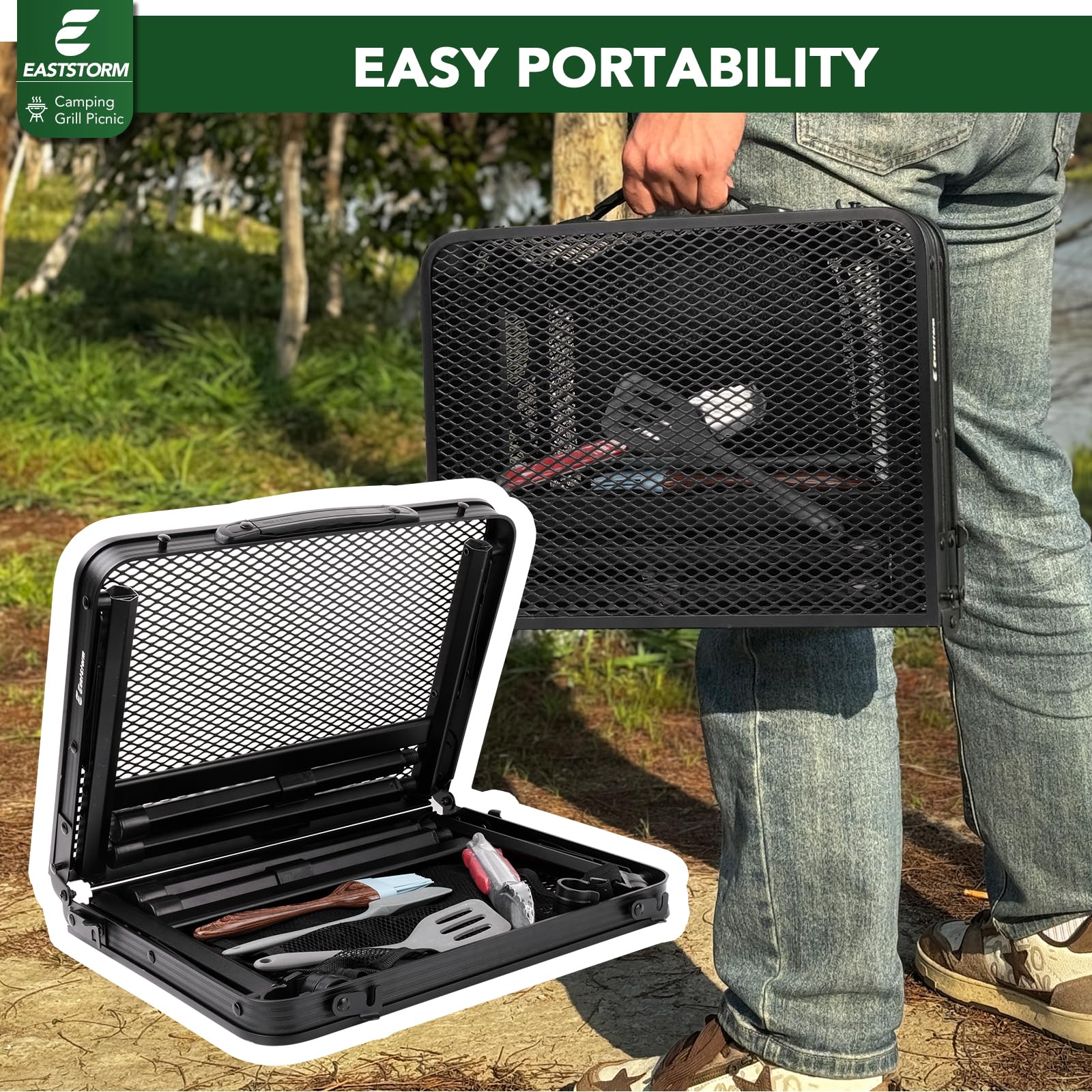 E EASTSTORM adjustable height folding picnic table supports flexible seating.