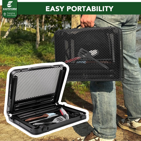 E EASTSTORM adjustable height folding picnic table supports flexible seating.