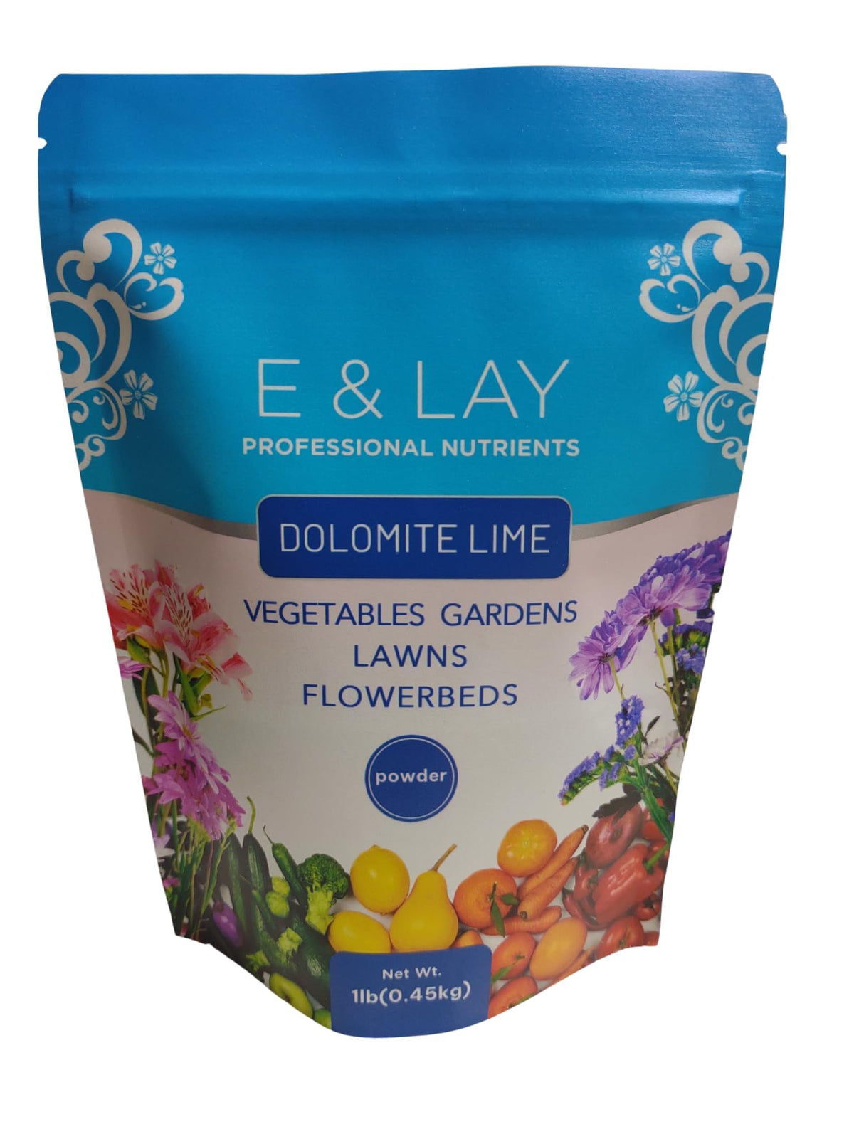 E & LAY Dolomite lime powder 1lb packaging for storage and soil pH adjustment.