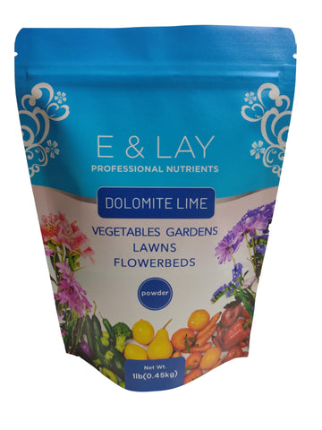 E & LAY Dolomite lime powder 1lb packaging for storage and soil pH adjustment.