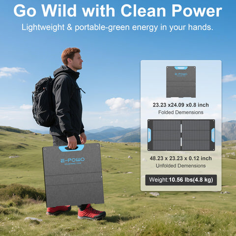 E-POWO 110W unfolded panel with kickstands for stable sun exposure.