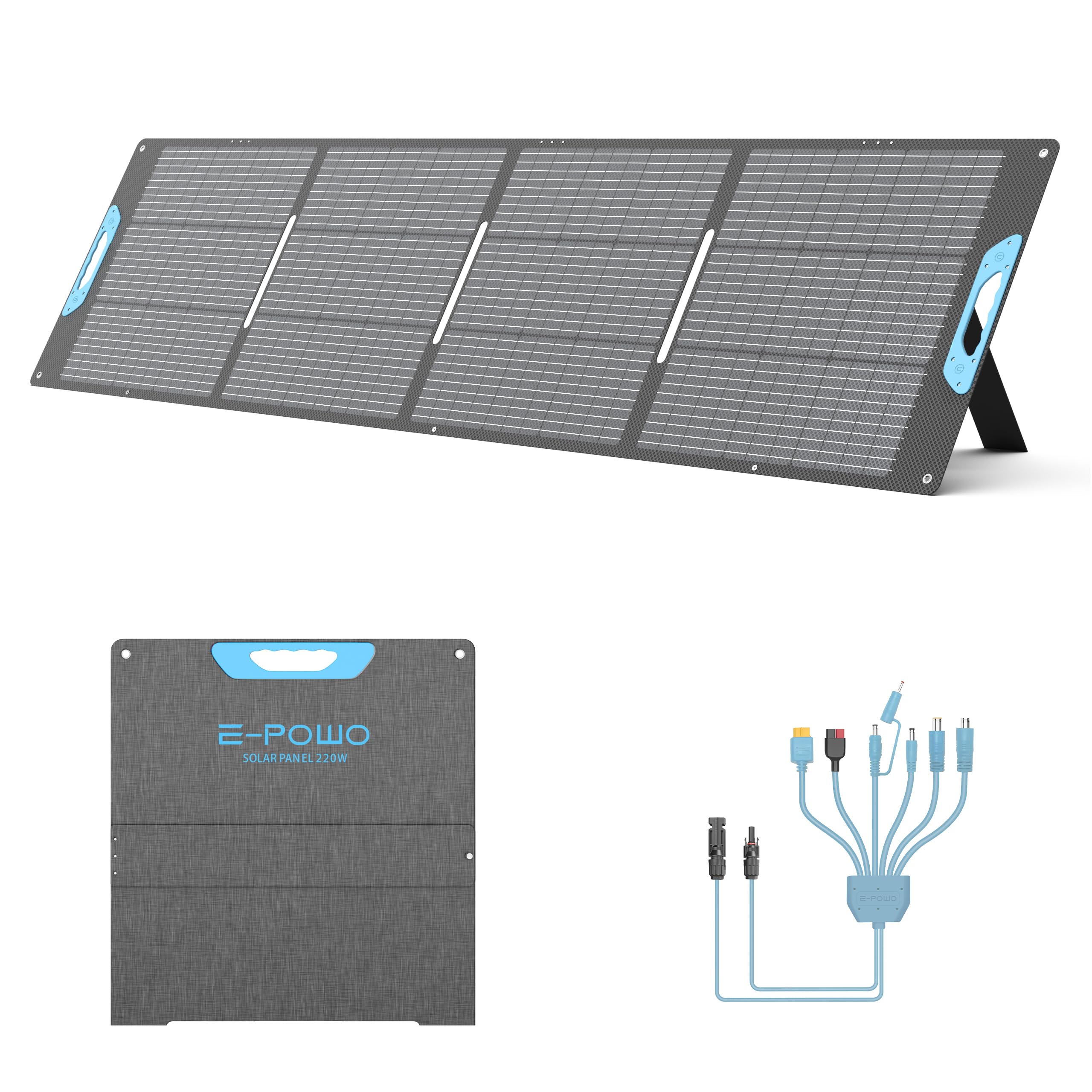 E-POWO 220W foldable panel open in the sun for portable camping power.