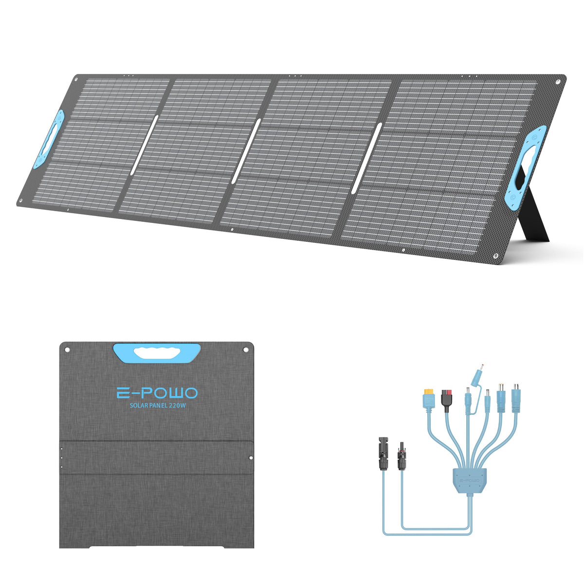 E-POWO 220W foldable panel open in the sun for portable camping power.