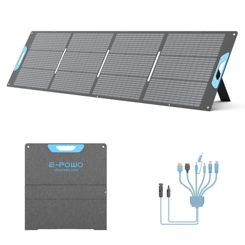 E-POWO 220W foldable panel open in the sun for portable camping power.
