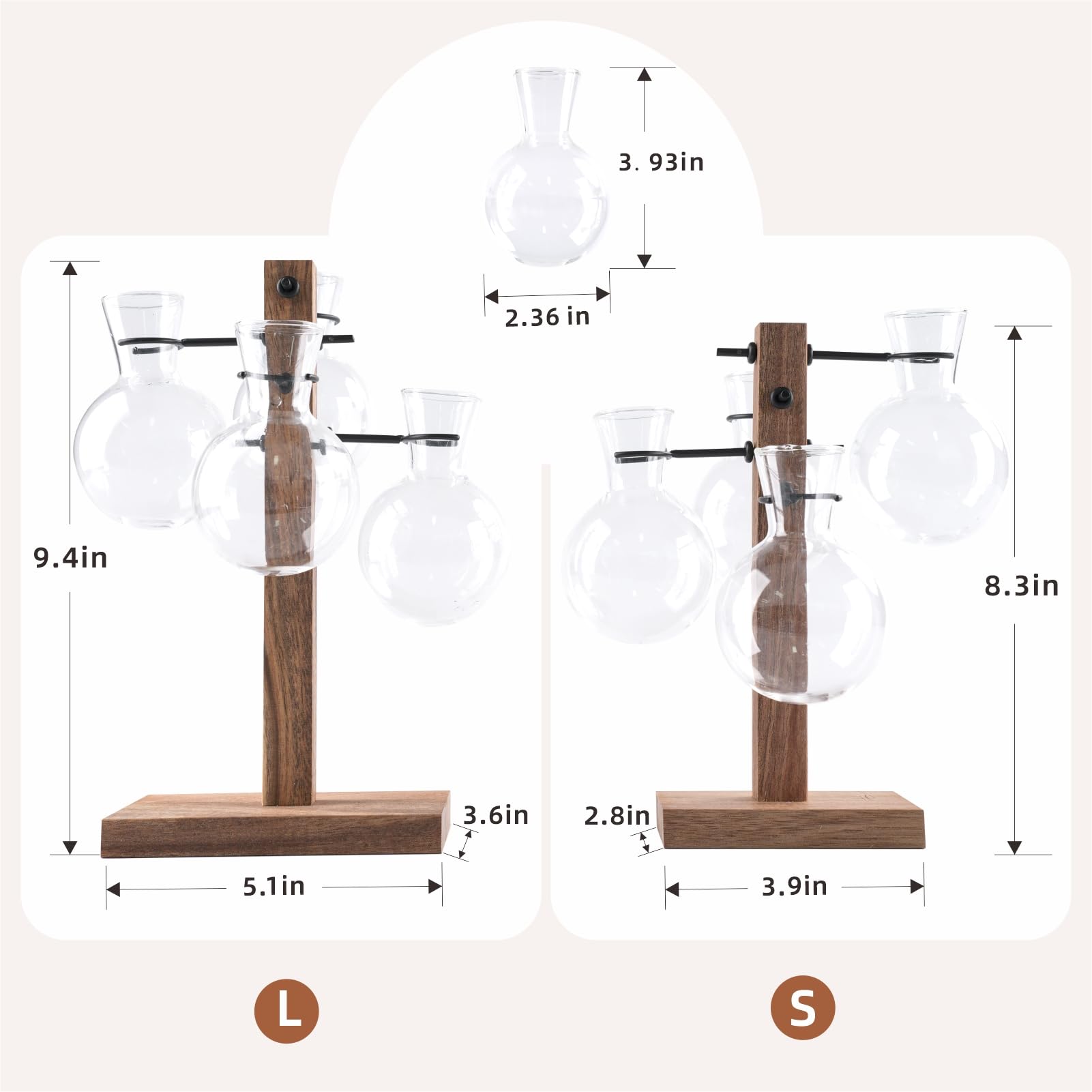 E-ROOM TREND four glass vases set displayed on wood stand.