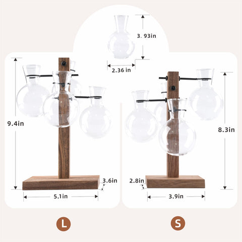 E-ROOM TREND four glass vases set displayed on wood stand.