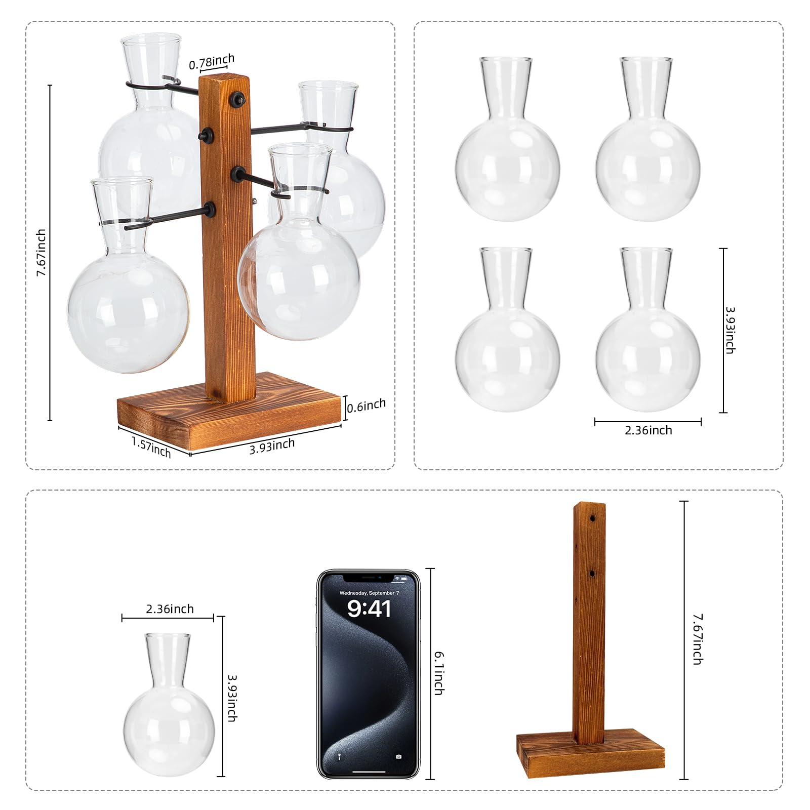 E-ROOM TREND Propagation vases kit in wood stand, ideal for home terrariums and plant growth