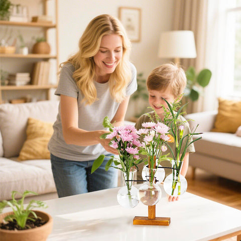 E-ROOM TREND wood stand on a sunny windowsill adds warm greenery