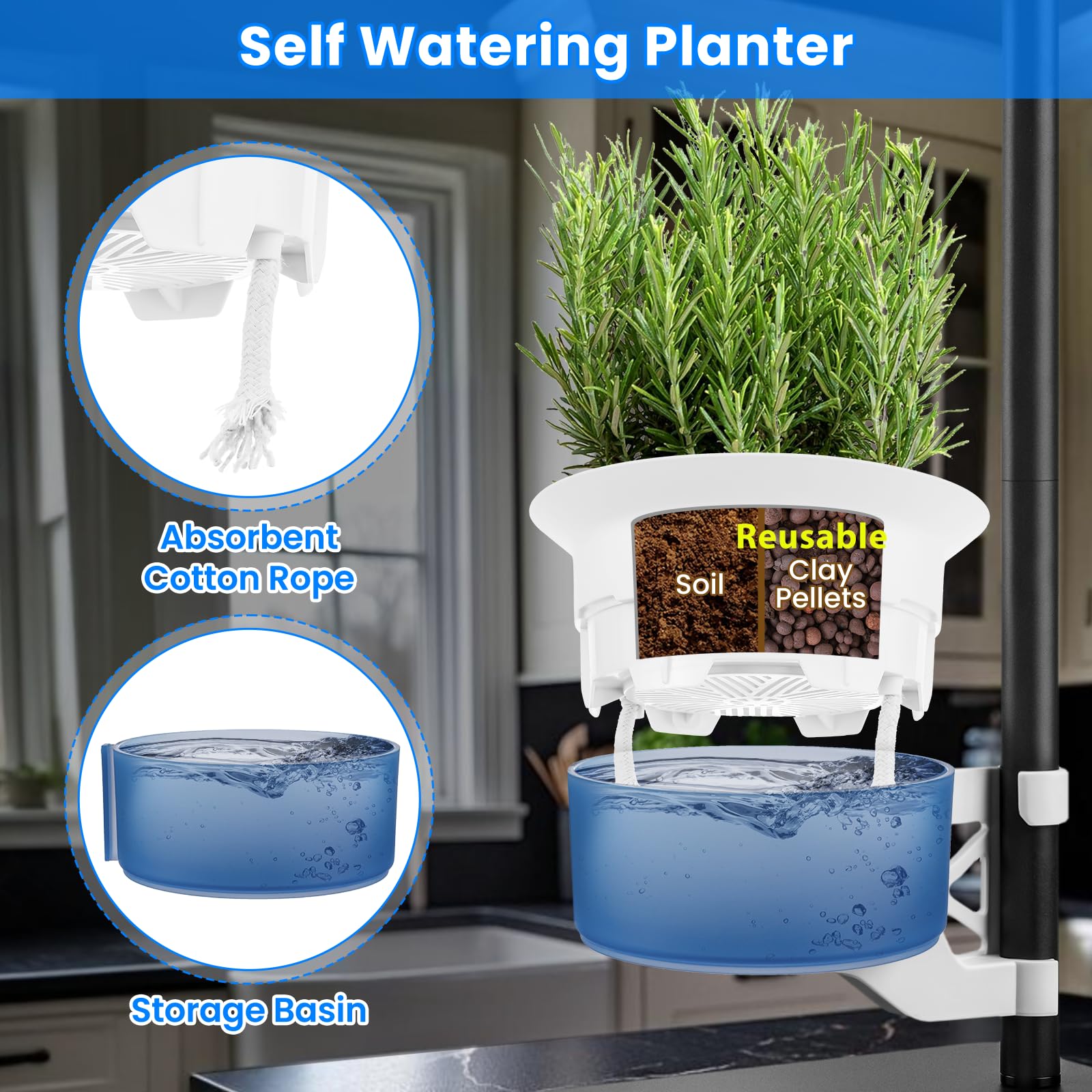 E SUPEREGROW adjustable-height stand supports vertical display and easy positioning.