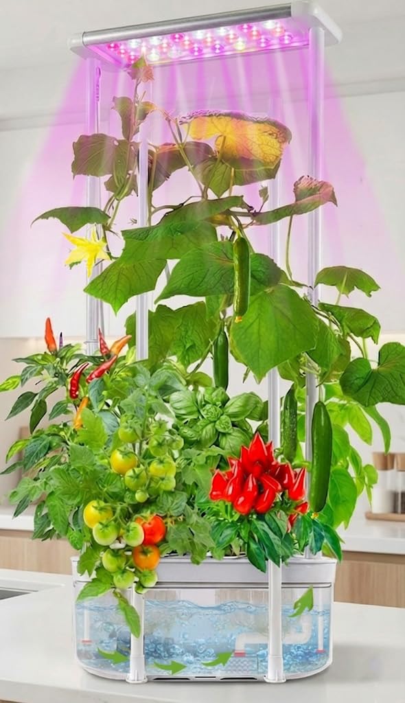 E SUPEREGROW hydroponics system with trellis supports tall plants for stable growth