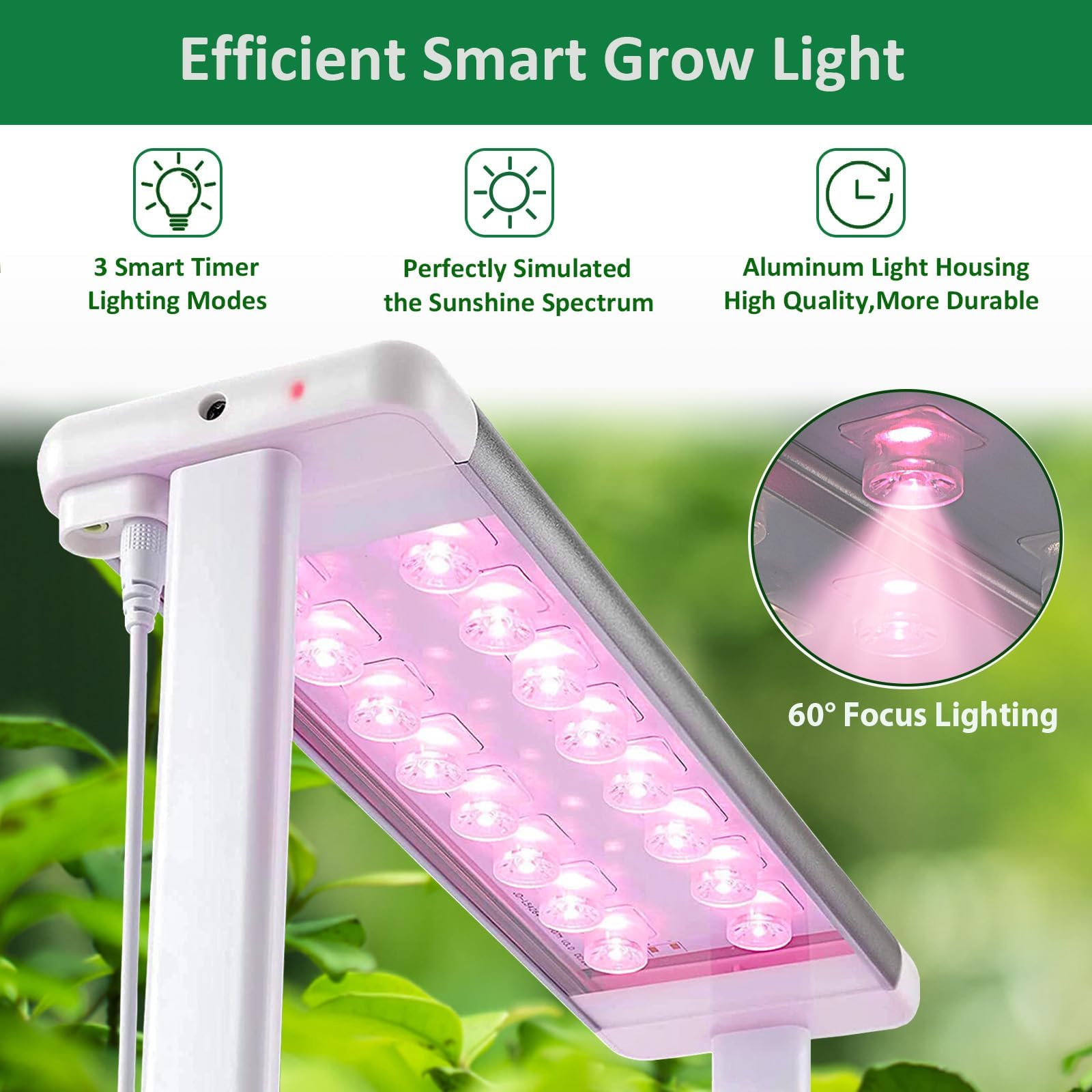 E SUPEREGROW LED grow light delivers focused 60 degree rays for efficient indoor gardening