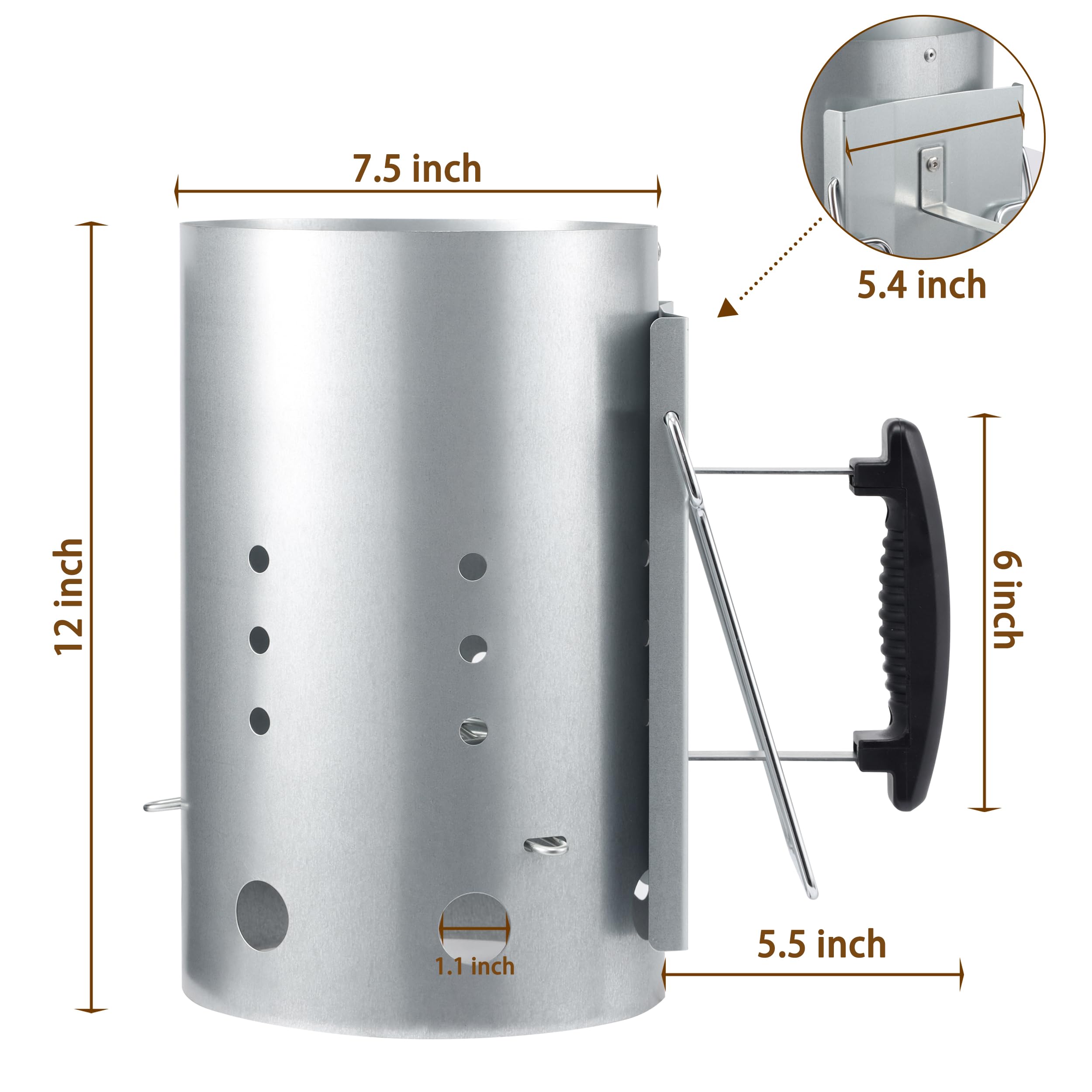 E500 7.5-inch chimney starter fits most grills and fire pits.